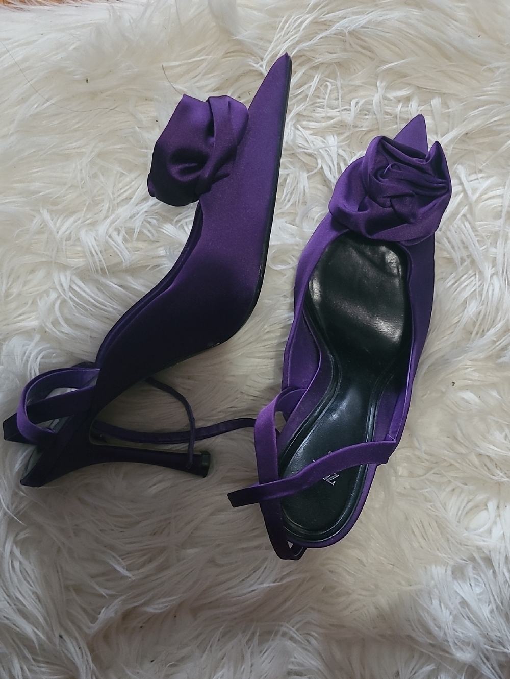 Zara Deep Purple Satin Pointed Slingback Heels with Rosette Detail